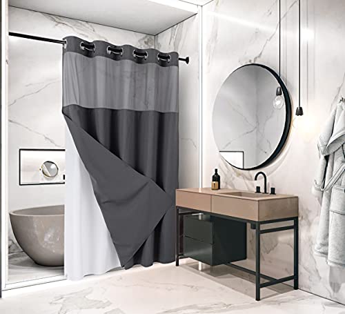 WPM No Hooks Required Shower Curtain with Snap-in Liner Waffle Weave Design, Hotel Grade Style Waterproof & Washable, Mesh top Window Easy Snaphook Bathroom Curtains (72"X74" W/Liner, Grey)