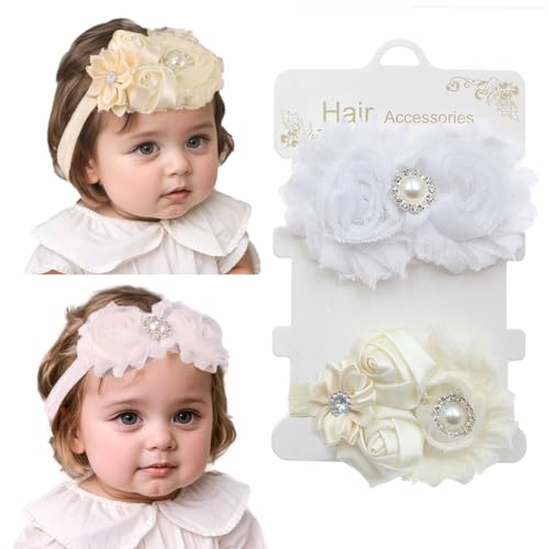 2 pcs Baby Girls Flower Headbands Set Floral Chiffon Bow Hairbands with Crystal Elastic Pearl Hair Accessoties for Newborn Infant Toddler (White 1, Standard Small)