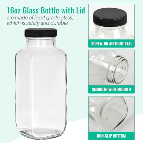 16 oz Glass Juice Bottles with Lids 12 Pack,Reusable Glass Drink Bottles,500ml Water Drinking Jars for Milk,Juicing,Kombucha,Ginger,Beverage Glassware,Juice Drinking Jars - Image 4