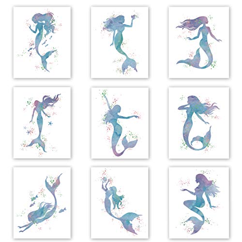 Image of Graceful Movements Mermaid Watercolor Art Print,Legend of The Sea,Set of 9(8" x10") Unframed Canvas Print, Great Gift For Girls Bedroom Bathroom Home Decor