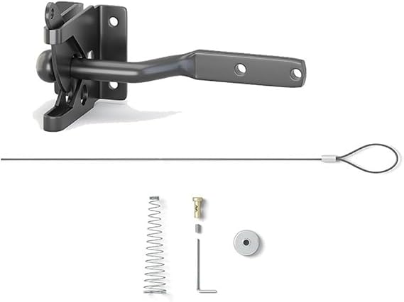 Self Locking Gate Latch, Adjustable Gravity Latch with Spring Cable for Wood Metal Fence Inward Outward Swing, Black