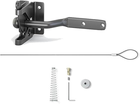 Self Locking Gate Latch, Adjustable Gravity Latch with Spring Cable for Wood Metal Fence Inward Outward Swing, Black