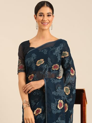 Image of Panzora Women's Chiffon Embroiderd Saree With Blouse Piece