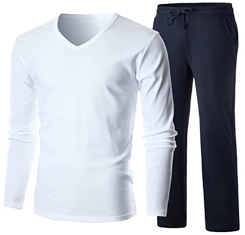 GIVON Mens Cotton Sleepwear Long Sleeve V-Neck Top & Open Bottom Pants Pajama Lounge Set