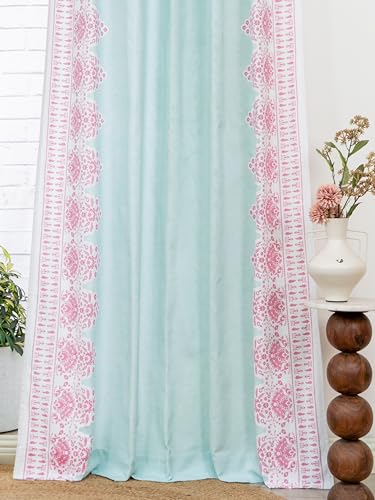 Image of Tranquebar Curtain Co. Window Curtains 5 Feet, 60-65% Room Darkening,Green-Pink Floral Print, Cotton Curtains for Window, Cotton Curtains 5 Feet Long Set of 2, BackTab Loops, Zia (152 cm) - Set of 2