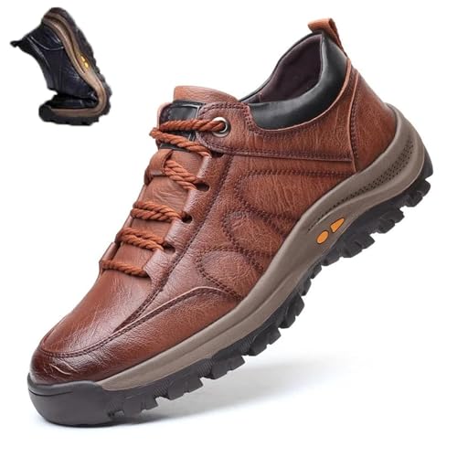 Hand-Stitched Leather Shoes, Men Hiking Shoes Arch Support Anti-Fatigue Anti Slip Shock Warm Running Boots, Men's Comfortable Orthopedic Leather Sneakers with Arch Support(Brown,9 UK)