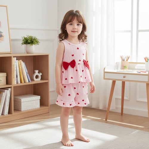 Kupretty Toddler Baby Girl Valentines Day Outfit Heart Sleeveless Ruffle Vest Tank Tops + Ruffled Shorts Set Summer Clothes (Pink Red, 18-24 Months)