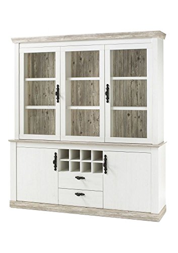 Beauty.Scouts Buffetschrank "Kiruna" Esszimmerschrank, Pinie weiß, 184x205x38-44 cm Größe mit 4-facher LED Beleuchtung Cover