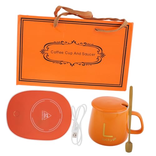 ABOOFAN 1Set Drink Warmer Mug with Lid Spoon Quick Heating Coffee Mug Set for Desk Automatic Heating Electric Cup Warmer Present for Christmas Birthday Celebrations