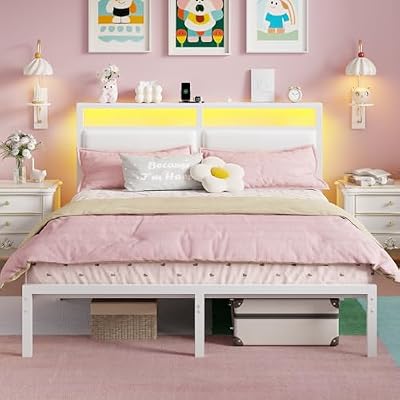 OURPIC Full Size Bed Frame with Headboard, Bed Frame Full Size with LED Light and Charging Station, White Metal Platform Bedframe and Storage Shelf, No Box Spring Needed, Noise Free