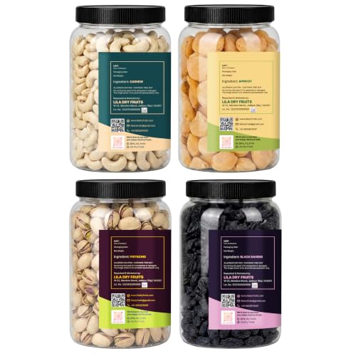 Image of LILA DRY FRUITS Dry Fruits Combo Pack Cashews, Pistachios, Apricots & Black Raisins 100 Gms x 4 Mixed Dry Fruits for Healthy Snacking Perfect for Gifting
