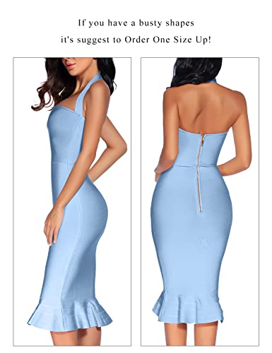 Houstil Women's V Neck Halter Fishtail Bandage Bodycon Dress Party (L, Ice Blue) #TOP1