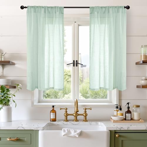 Image of BGment Light Green Linen Curtains 45 Inch Length - Small Window Drapes Lightweight with Rod Pocket for Bathroom Kitchen Window Spring Decor, 2 Panels Set, 30 X 45 Inch