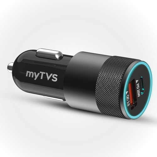 Image of myTVS 38W Fast Car Charger with Dual Output (Type C PD 20W & USB Qualcomm 3.0) with 3-in-1 Charging Cable, Quick Charge, Short-Circuit Protection, LED, Compatible with iPhone, Android, Tablet