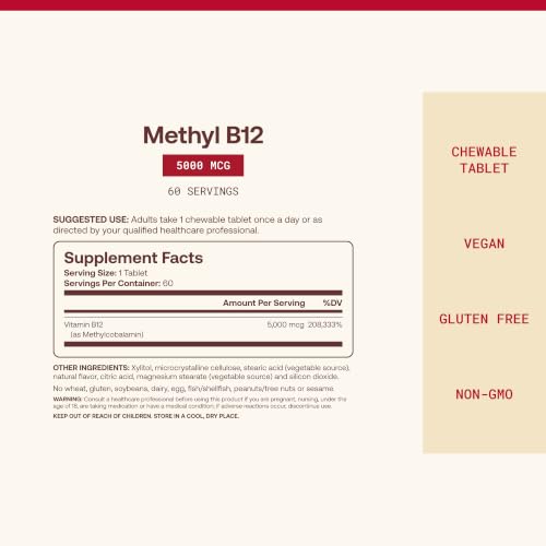 Jarrow Methyl Vitamin B-12 5000 mcg, Cellular Energy, 60 Chewable Tablets - image 4