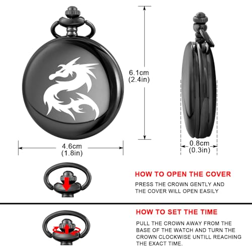 CUSTCH Relógio de bolso de quartzo preto gravado com padrão vintage, numerais arábicos, mostrador co