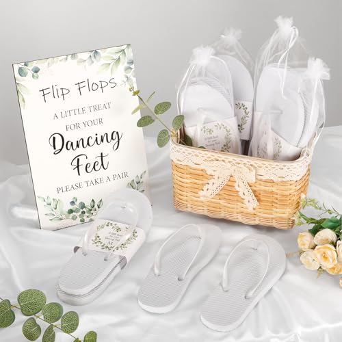 24 Pairs Wedding Flip Flops Bulk Gifts for Guests, Wholesale Sandals with Size Cards Drawstring Bags and A Wedding Sign for Pool Beach Dancing Party2