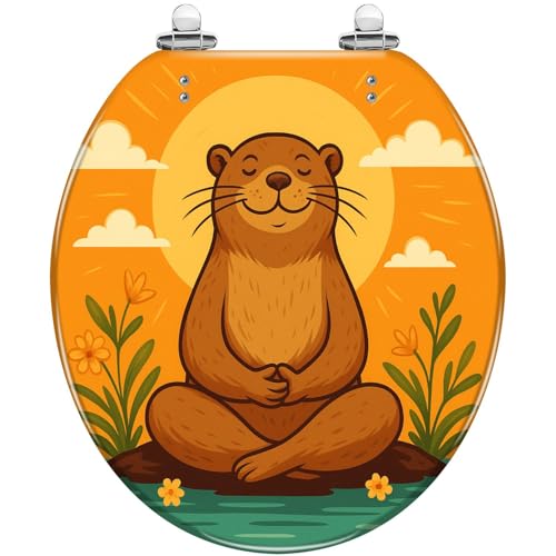 Round Toilet Seat calm capybara meditates yoga sits pebble pond dawn Bright Resin Toilet Seat Quietly Close Quick Release Hinges with Cover Bumpers Decorative Easy to Install Clean