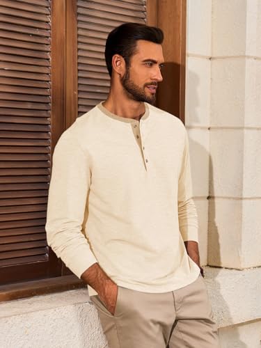 Yousify Mens Henley Shirts Long Sleeve Button Vintage Textured T-Shirt Lightweight Cotton Casual Basic Tees3