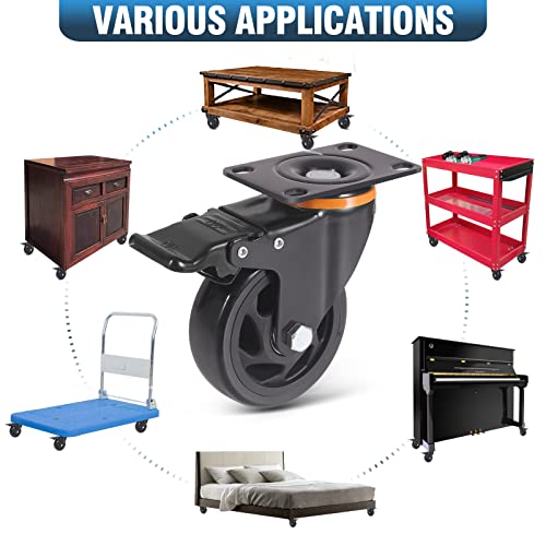 5 Inch Caster Wheels 2200Lbs, Casters Set Of 4, Heavy Duty Casters With Brake, Safety Dual Locking Industrial Casters, No Noise Wheels With Polyurethane Foam (Two Hardware Kits Included) #TOP6
