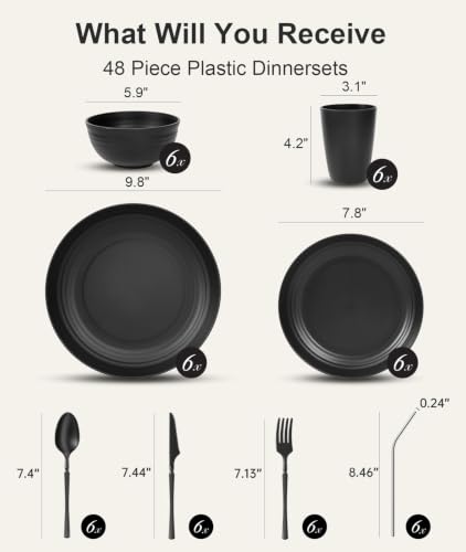 Quatish Juego de Platos y Bowls de Plástico de 48 Piezas para 6 Personas, Juegos de Vajilla, Negro miniatura 2
