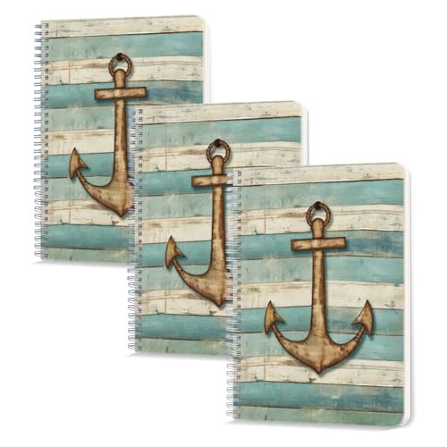 Carnet à spirale ligné Lot de 3 cahiers A5 motif ancre et bois rustique pour notes