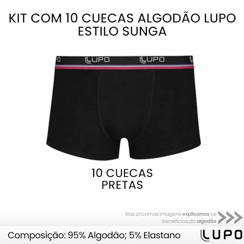 Kit 10 Cueca Lupo AM Sunga | Cuecas Sunga Lupo Algodão Masculino Adulto | Preto | P