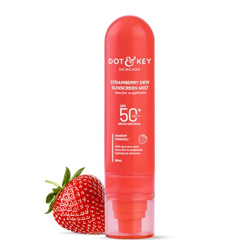 DOT & KEY Strawberry + Niacinamide Sunscreen Mist SPF 50+ PA+++ Brightens Skin Lightweight Quick-Drying Alcohol-Free Hydrates & Refreshes Easy Reapplication Transparent 80 ml (Pack of 1)
