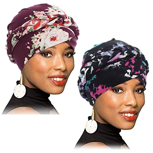 Woeoe Braid Beanie Cap Headwraps Tie Dye Floral Head Scarf Stretch Pre-Tied Breathable Head Turbans(Pack Of 2) #TOP12