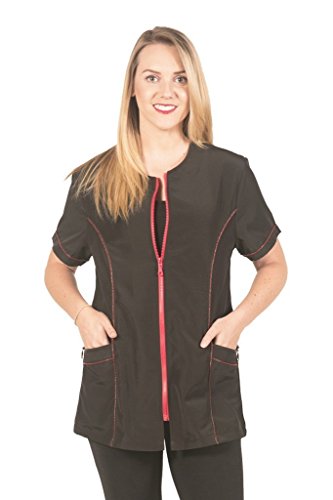Ladybird Line 825 Fashionable Red Zipper Grooming Smock, Front piping accent Detail. Water, Hair, and Bleach Resistant, Solid Back, and Back Tie belt - Ideal for Pet Groomers and Hair Stylists - 3XL