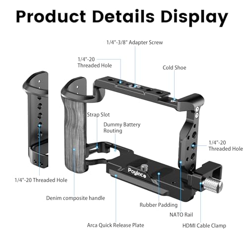 Image of Compatible with Sony ZV-E1 Camera Bracket, Composite Handle and HDMI Cable Clip, NATO Rail, Cold Shoe and Multiple 1 /4 inch and 3 /8 inch Threaded Holes, Aluminum Video Bracket JN-098A