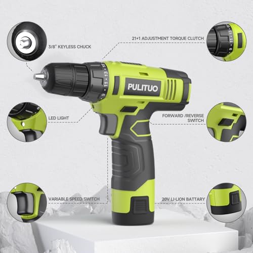 PULITUO 12V Green Cordless Drill Set Power Drill Kit with Battery and Charger,electric drill home improvement,3/8-Inch Keyless Chuck,Built-in LED,21+1 Torque Setting thumbnail 3