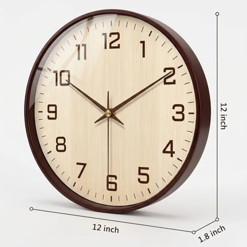 Image of ginoya brothers 12 Inch Silent Non-Ticking Silent Wall Clock, Modern Round Analog & Digital Display (Temp /Calendar) Decorative Clock, Easy to Read for Home, Living Room, Office (Cream-Brown Analog)