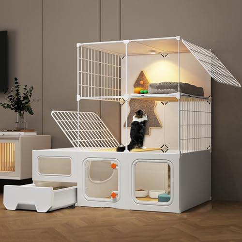 猫ケージ 屋内用 猫用ケージ 猫用プレイペン 爪とぎ練習用スクラッチボード付き 1〜2匹の猫に適した広いスペース(White-107-47-107cm-Set b)