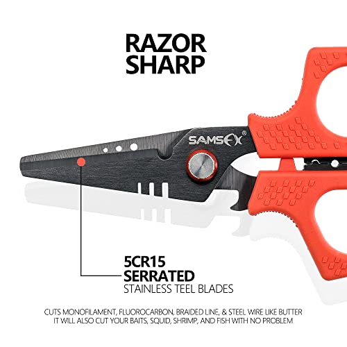 SAMSFX Tesoura de pesca profissional de 16,5 cm, lâminas serrilhadas duplas, tesouras de linha tranç