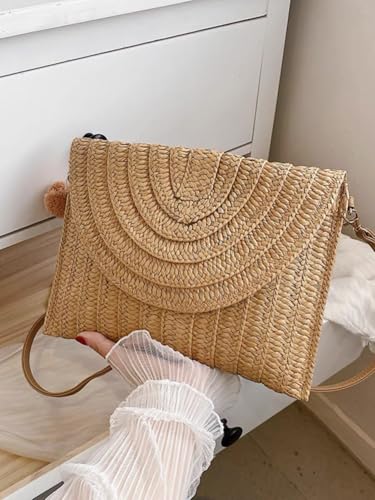 Image of Handmade Woven Straw Crossbody Bag for Women - Summer Beach Clutch Purse with Shoulder Strap & Envelope Design
