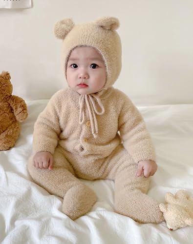 Newborn Infant Baby Girls Boys Jumpsuit Fleece Rompers Long Sleeve Footie Jumpsuit Hat Outwear Winter Warm2