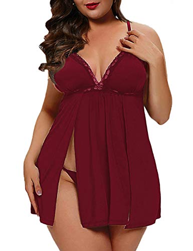 XAKALAKA Women's Plus Size Babydoll Lingerie Front Slit Lace Chemise Sleepwear Red XXXL