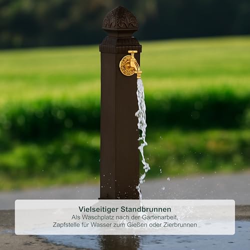 Relaxdays Standbrunnen antik, Wasserhahn, HBT: 81x21x24,5 cm, Wasserzapfsäule Garten, Terrasse, Zierbrunnen, braun