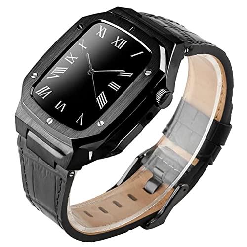 アップルウォッチ ケースバンド レザー 本革ベルト 替えベルト バンド (44mm, ブラック×ブラック)