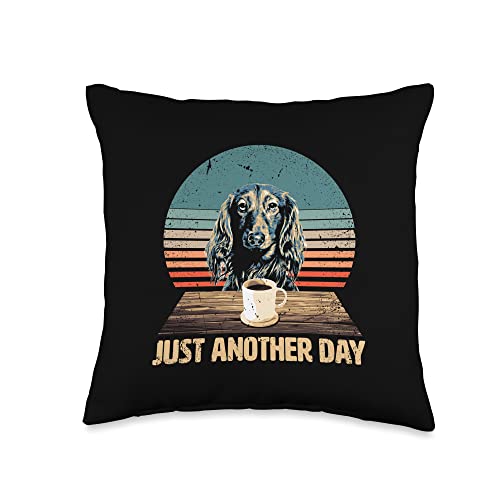 Funny & Cute Long Hair Dog Drinks Coffee Throw Pillow