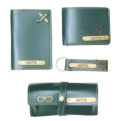 Image of Personalized Name & Charm Leather Wallet Mens Combo | Customized Birthday Farewell Retirement Combo Corporate Office Gift Set for Men Staff Employees Clients Colleagues Friend (Green)