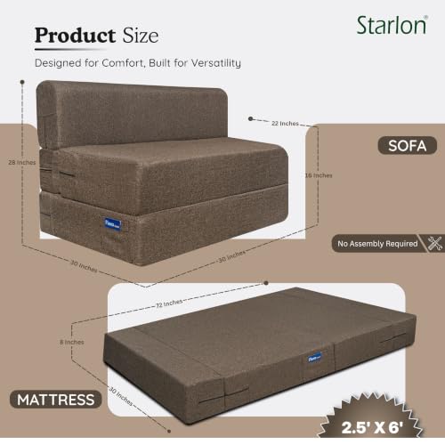 Image of Starlon 1 Seater Sofa Cum Bed Foldable 3-in-1 Sofa Bed with 1 Year Warranty, Washable Jute Fabric Cover | Coffee Brown 2.5x6 Ft
