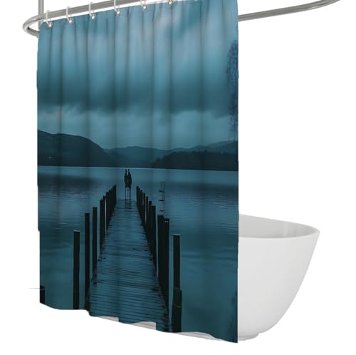 Cortina de Ducha de Paisaje Natural Lago Montaña Puente de Madera Paisaje Cortinas de baño Azules Juego de Cortinas de Ducha repelentes al Agua con Ganchos 180x220cm