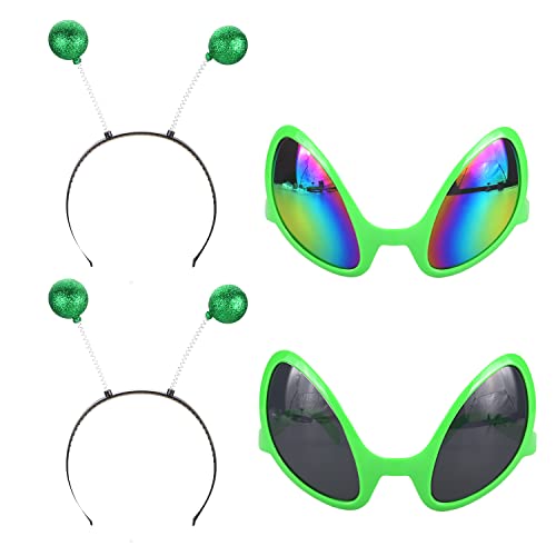 Jomnvo 4 piezas de accesorios de disfraz de Alien 2 piezas de gafas de alien con 2 piezas de antena marciana diadema para suministros de fiesta extranjero accesorio de disfraz de Halloween Cover