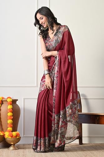 Image of MIRCHI FASHION Women Saree Floral Printed Chiffon | Breathable Lightweight Summer Sari for Office and Daily Use with Unstitched Blouse (Available in 20 Styles)