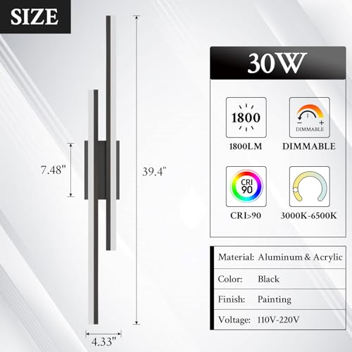 Image of LED Wall Sconce Black Modern Remote Wall Light Fixtures for Living Room, Dimmable LED Vanity Light Indoor Remote Wall Sconce for Bedside Bedroom Bathroom Dining Room, L39.4inch 1 Pack