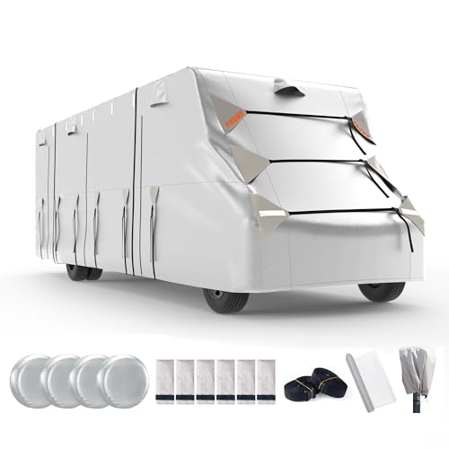 FRUNO Oxford Fabric Class C RV Cover Fits 26'-29' Waterproof Rip-Resistant Anti-UV Motorhome Camper Cover for Winter Snow with 4 Tire Covers and Gutter Covers