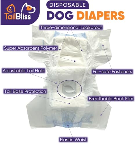 Image of TailBliss Disposable Female Dog Diapers, 12 Count | Three Dimensional Leak-Proof Protection, Wetness Indicator and Breathable Back Film (Medium)