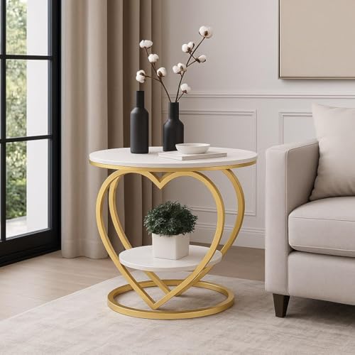Image of Modern Round Side Table with Marble Finish Top & Metal Frame | Stylish Sofa Side Table with Bottom Shelf for Living Room, Bedroom & Office Decor (White Gold)